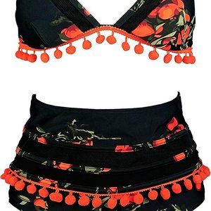 NWT - Women's Mesh Striped High Waist Bikini Set Swimsuit